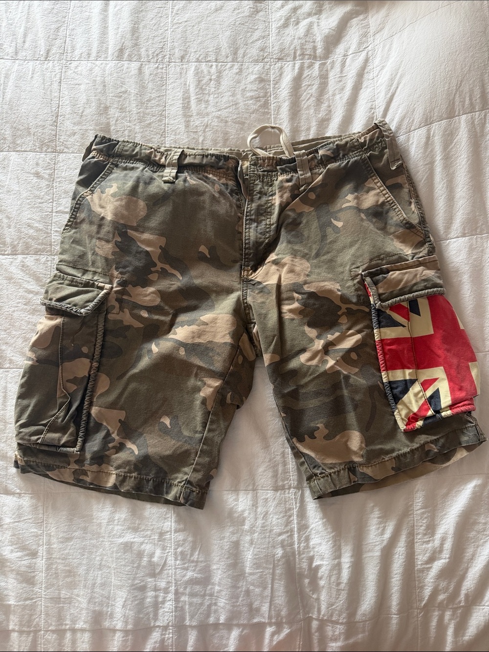 Men's Camo Cargo Shorts with Red Union Jack Pocket Accent